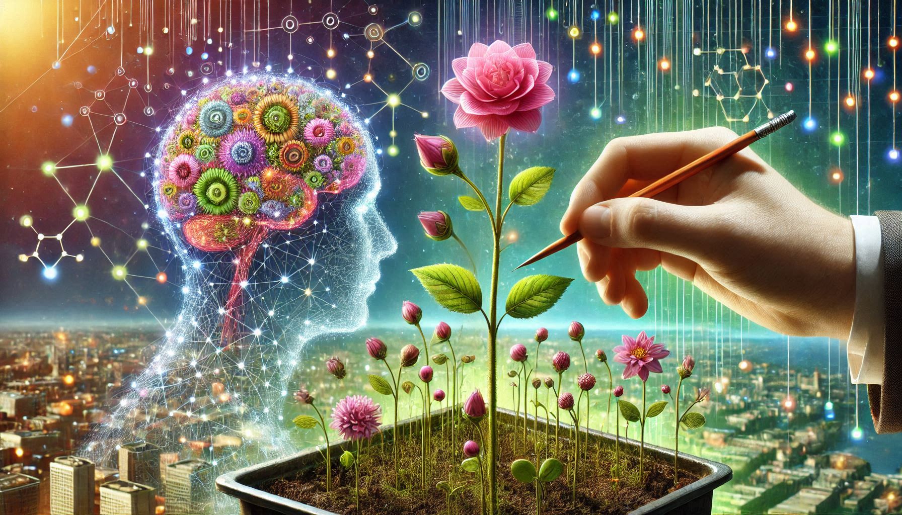 # sprouts and pink flowers from a digital garden representing a second brain